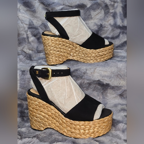NWT Sam Edelman April Ankle-Strap Raffia-Wedge Sandals Black Size 6.5 - Picture 3 of 11